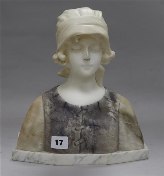 A marble and alabaster bust of a girl, H.30cm.
